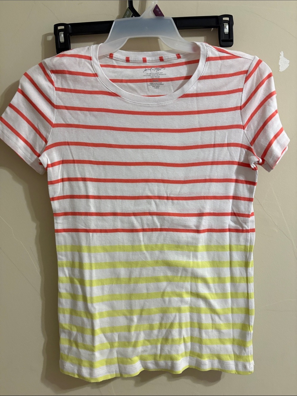 Lord & Taylor White Tee with Coral and Yellow Stripe Accents